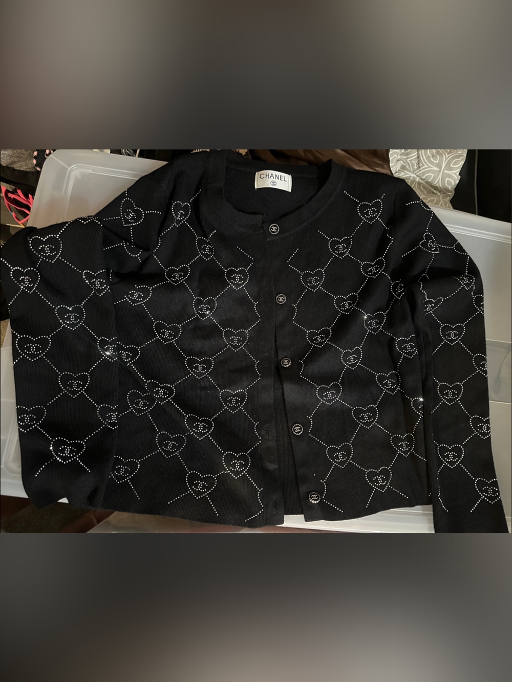 CHANEL Black Crystal Heart Motif Cardigan